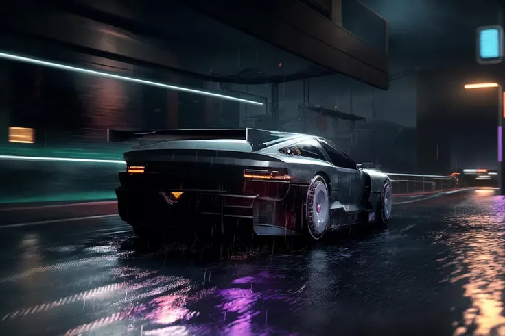 ((masterpiece,best quality)), nv74 car, with (concept rims), no humans, driving cyberpunk city, through the rain, moving, (motion blur:0.6), (speed effect:0.6), ultra-detailed, 8k, highres, cinematic, <lora:nv74:1>, (<lora:FutureCity_last:1.5>, cyberpunk background, retrowave light, korean neon sign:1.1), a lonely atmosphere, purple background, heavy rain