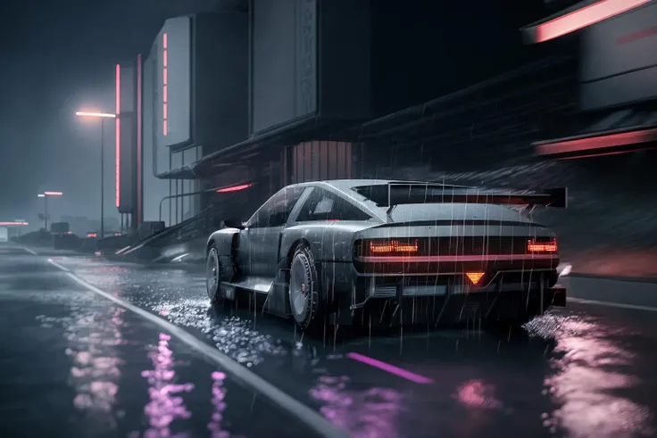 ((masterpiece,best quality)), nv74 car, with (concept rims), no humans, driving cyberpunk city, through the rain, moving, (motion blur:0.6), (speed effect:0.6), ultra-detailed, 8k, highres, cinematic, <lora:nv74:1>, (<lora:FutureCity_last:1.5>, cyberpunk background, retrowave light, korean neon sign:1.1), a lonely atmosphere, purple background, heavy rain