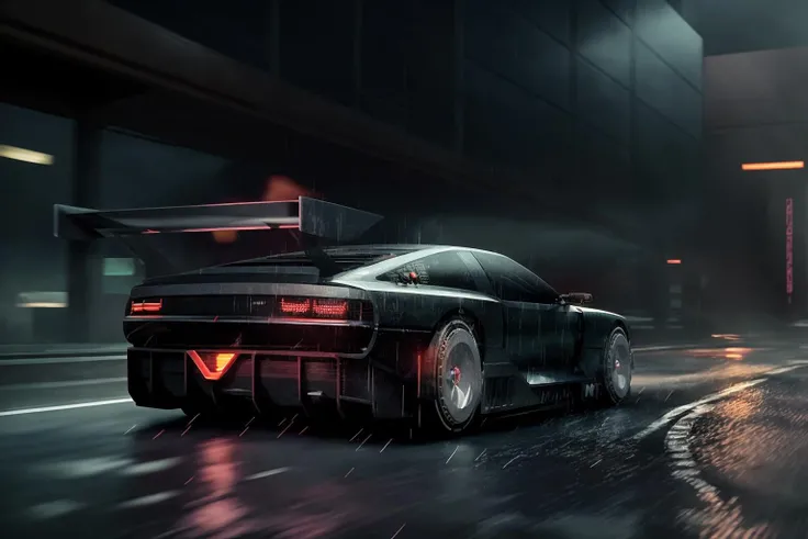 ((masterpiece,best quality)), nv74 car, with (concept rims), no humans, driving cyberpunk city, through the rain, moving, (motion blur:0.6), (speed effect:0.6), ultra-detailed, 8k, highres, cinematic, <lora:nv74:1>, (<lora:FutureCity_last:1.5>, cyberpunk background, retrowave light, korean neon sign:1.1), a lonely atmosphere, purple background, heavy rain