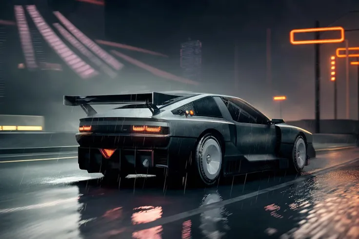 ((masterpiece,best quality)), nv74 car, with (concept rims), no humans, driving cyberpunk city, through the rain, moving, (motion blur:0.6), (speed effect:0.6), ultra-detailed, 8k, highres, cinematic, <lora:nv74:1>, (<lora:FutureCity_last:1.5>, cyberpunk background, retrowave light, korean neon sign:1.1), a lonely atmosphere, purple background, heavy rain