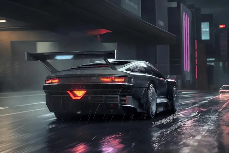 ((masterpiece,best quality)), nv74 car, with (concept rims), no humans, driving cyberpunk city, through the rain, moving, (motion blur:0.6), (speed effect:0.6), ultra-detailed, 8k, highres, cinematic, <lora:nv74:1>, (<lora:FutureCity_last:1.5>, cyberpunk background, retrowave light, korean neon sign:1.1), a lonely atmosphere, purple background, heavy rain