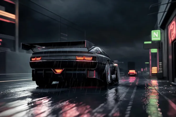 ((masterpiece,best quality)), nv74 car, with (concept rims), no humans, driving cyberpunk city, through the rain, moving, (motion blur:0.6), (speed effect:0.6), ultra-detailed, 8k, highres, cinematic, <lora:nv74:1>, (<lora:FutureCity_last:1.5>, cyberpunk background, retrowave light, korean neon sign:1.1), a lonely atmosphere, purple background, heavy rain