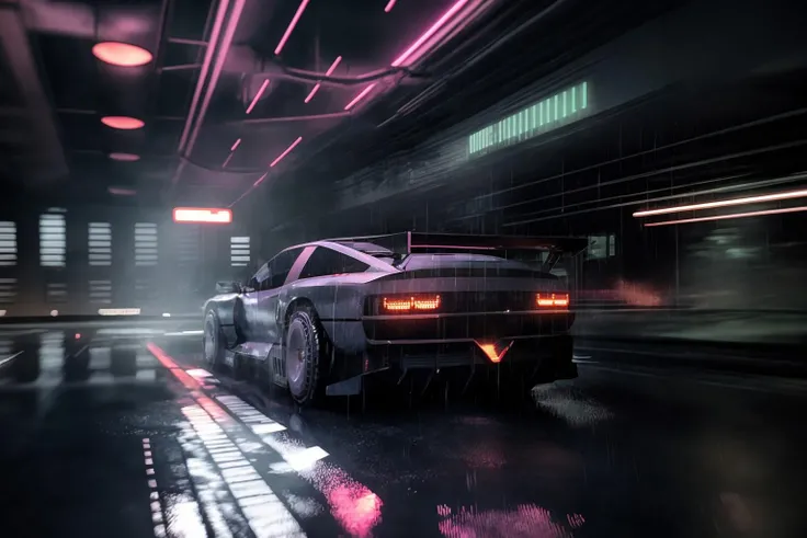 ((masterpiece,best quality)), nv74 car, with (concept rims), no humans, driving cyberpunk city, through the rain, moving, (motion blur:0.6), (speed effect:0.6), ultra-detailed, 8k, highres, cinematic, <lora:nv74:1>, (<lora:FutureCity_last:1.5>, cyberpunk background, retrowave light, korean neon sign:1.1), a lonely atmosphere, purple background, heavy rain