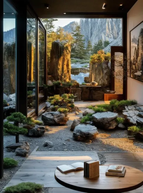 scenery, no humans, mountain, tree, curshion, table, chair, wooden floor, reflection,building, window, architecture, book, plant, rockery, <lora:Chinese Home Interior:1>