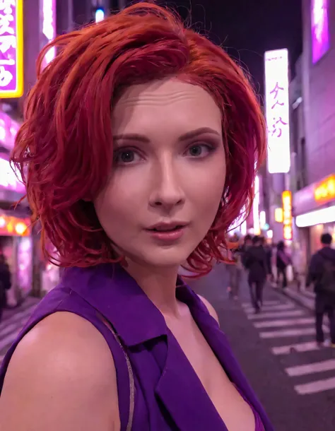 In the pulsating heart of Tokyo, as twilight paints the skyline in hues of orange and purple, Jannet - a woman with fiery red hair and a playful smirk that hints at secrets untold - strides confidently down a neon-lit street, her gaze locked with an invisible viewer, exuding an allure that is both captivating and elusive. <lora:yymtzi18fc99044bcu9b:1>