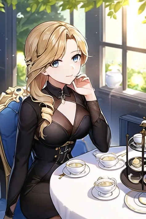 (rich in details), masterpiece, best quality, best 8k wallpaper,
1 girl sitting at a table, black long dress, blonde hair, blue eyes,
afternoon tea, sunlight, bright spots, shine, glow,Tindal effect