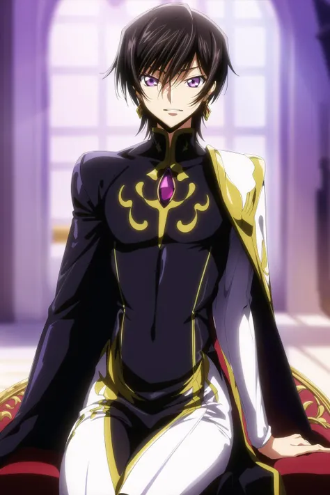 a flower filled room,a building in the background,stone_floor, stone_wall, tile_floor, tile_wall,brick, brick_floor, brick_wall,
sitting on a red couch,purple light shining,
black and yellow outfit,black cape,
<lora:lelouch_Code_geass-KK77-V1:0.7>,lelouch_lamperouge,jewelry,gem,
black_hair,purple_eyes,earrings,short hair, purple light in their eyes ,
1 man, 20yo,male,Beautiful FingerBeautiful body,Beautiful Nose,Beautiful character design, perfect eyes, perfect face,
looking at viewer,angry,
NSFW,official art,extremely detailed CG unity 8k wallpaper, perfect lighting,Colorful, Bright_Front_face_Lighting,
(masterpiece:1.0),(best_quality:1.0), ultra high res,4K,ultra-detailed,
photography, 8K, HDR, highres, absurdres:1.2, Kodak portra 400, film grain, blurry background, bokeh:1.2, lens flare, (vibrant_color:1.2)