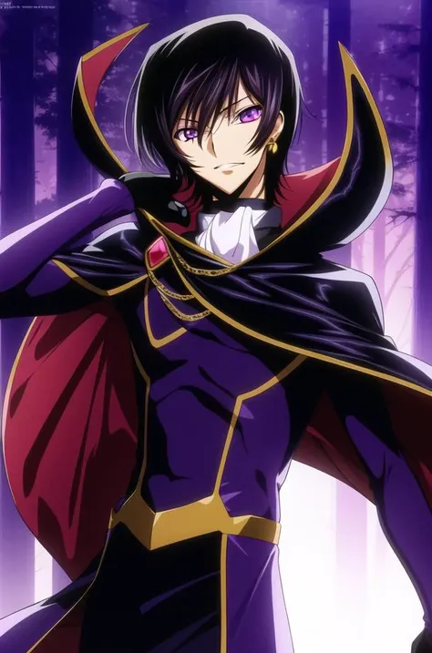 in a dark forest with trees in the background
sitting on a red couch,purple light shining,
black and yellow outfit,black cape,cape, chain-link_fence, coat,gloves,
<lora:lelouch_Code_geass-KK77-V1:0.7>,lelouch_lamperouge,jewelry,gem,
black_hair,purple_eyes,earrings,short hair, purple light in their eyes ,
1 man, 20yo,male,Beautiful FingerBeautiful body,Beautiful Nose,Beautiful character design, perfect eyes, perfect face,
looking at viewer,angry, 
NSFW,official art,extremely detailed CG unity 8k wallpaper, perfect lighting,Colorful, Bright_Front_face_Lighting,
(masterpiece:1.0),(best_quality:1.0), ultra high res,4K,ultra-detailed,
photography, 8K, HDR, highres, absurdres:1.2, Kodak portra 400, film grain, blurry background, bokeh:1.2, lens flare, (vibrant_color:1.2)