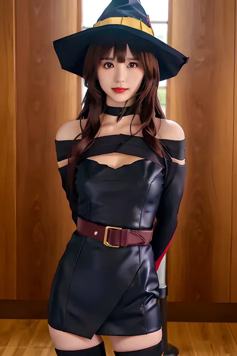 megumin, kono subarashii sekai ni shukufuku wo!, 1girl, solo, standing, looking at viewer, hat, witch hat, brown hair, short hair with long locks, red eyes, blush, evil grin, black choker, collarbone, flat chest, off-shoulder dress, dress, red dress, brown cape, long sleeves, black gloves, fingerless gloves, belt, brown belt, gold trim, zettai ryouiki, skindentation, (asymmetrical legwear:1.4), mismatched legwear, (bandaged leg:1.3), black thighhighs, (arms behind back:1.3), mature, mature woman, boobs, big boobs
<lora:Megumin:0.6>