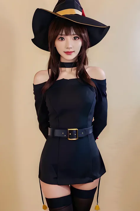 megumin, kono subarashii sekai ni shukufuku wo!, 1girl, solo, standing, looking at viewer, hat, witch hat, brown hair, short hair with long locks, red eyes, blush, evil grin, black choker, collarbone, flat chest, off-shoulder dress, dress, red dress, brown cape, long sleeves, black gloves, fingerless gloves, belt, brown belt, gold trim, zettai ryouiki, skindentation, (asymmetrical legwear:1.4), mismatched legwear, (bandaged leg:1.3), black thighhighs, (arms behind back:1.3), mature, mature woman, boobs, big boobs
<lora:Megumin:0.6>