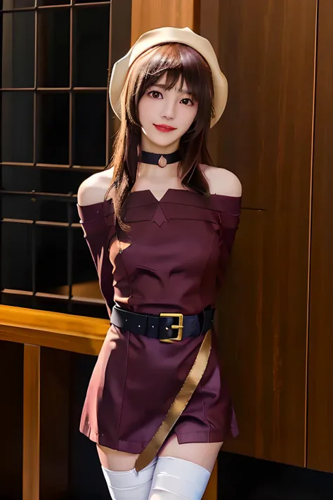 megumin, kono subarashii sekai ni shukufuku wo!, 1girl, solo, standing, looking at viewer, hat, witch hat, brown hair, short hair with long locks, red eyes, blush, evil grin, black choker, collarbone, flat chest, off-shoulder dress, dress, red dress, brown cape, long sleeves, black gloves, fingerless gloves, belt, brown belt, gold trim, zettai ryouiki, skindentation, (asymmetrical legwear:1.4), mismatched legwear, (bandaged leg:1.3), black thighhighs, (arms behind back:1.3), mature, mature woman, boobs, big boobs
<lora:Megumin:0.6>