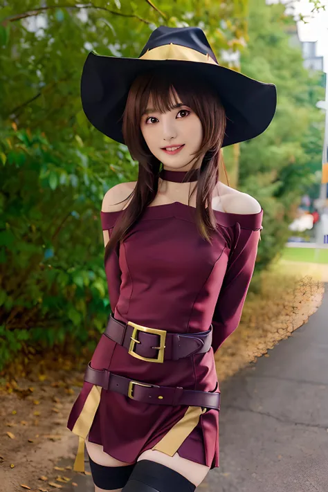 megumin, kono subarashii sekai ni shukufuku wo!, 1girl, solo, standing, looking at viewer, hat, witch hat, brown hair, short hair with long locks, red eyes, blush, evil grin, black choker, collarbone, flat chest, off-shoulder dress, dress, red dress, brown cape, long sleeves, black gloves, fingerless gloves, belt, brown belt, gold trim, zettai ryouiki, skindentation, (asymmetrical legwear:1.4), mismatched legwear, (bandaged leg:1.3), black thighhighs, (arms behind back:1.3), mature, mature woman, boobs, big boobs
<lora:Megumin:0.6>