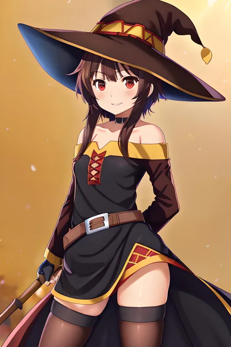 megumin, kono subarashii sekai ni shukufuku wo!, 1girl, solo, standing, looking at viewer, hat, witch hat, brown hair, short hair with long locks, red eyes, blush, evil grin, black choker, collarbone, flat chest, off-shoulder dress, dress, red dress, brown cape, long sleeves, black gloves, fingerless gloves, belt, brown belt, gold trim, zettai ryouiki, skindentation, (asymmetrical legwear:1.4), mismatched legwear, (bandaged leg:1.3), black thighhighs, (arms behind back:1.3), mature, mature woman, boobs, big boobs
 <lora:Megumin:0.6>