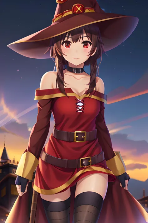 megumin, kono subarashii sekai ni shukufuku wo!, 1girl, solo, standing, looking at viewer, hat, witch hat, brown hair, short hair with long locks, red eyes, blush, evil grin, black choker, collarbone, flat chest, off-shoulder dress, dress, red dress, brown cape, long sleeves, black gloves, fingerless gloves, belt, brown belt, gold trim, zettai ryouiki, skindentation, (asymmetrical legwear:1.4), mismatched legwear, (bandaged leg:1.3), black thighhighs, (arms behind back:1.3), mature, mature woman, boobs, big boobs
<lora:Megumin:0.6>