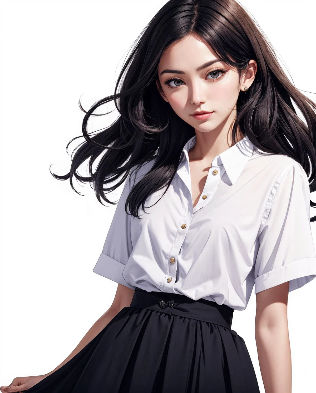 (Jane Smith:0.5), (eliselastnamesd15:0.5), medium hair, brown hair, brown eyes, medium breasts, BREAK, wearing white shirt, black skirt, BREAK, smirk, looking at viewer, BREAK, ((simple background, white background):1.25), studio, by PicassoAzul, contemporary, BREAK, cinematic lighting, cowboy shot , <lora:PicassoAzul:1>, BREAK, masterpiece, best quality, high quality, detail, highres, absurdres, 8k,
