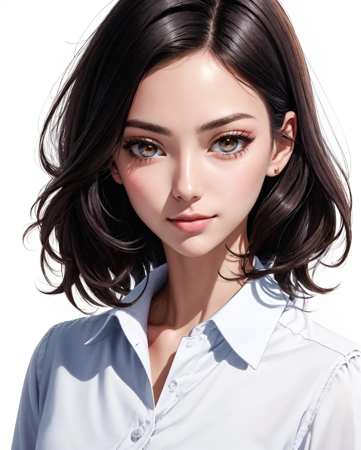 (Jane Smith:0.5), (eliselastnamesd15:0.5), medium hair, brown hair, brown eyes, medium breasts, BREAK, wearing white shirt, black skirt, BREAK, smile , looking at viewer, BREAK, ((simple background, white background):1.25), studio, by PicassoAzul, contemporary, BREAK, cinematic lighting, portrait, <lora:PicassoAzul:1>, BREAK, masterpiece, best quality, high quality, detail, highres, absurdres, 8k,