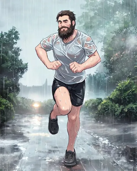 (rain:1.2), (beard fat old male:1), wet, water, outdoors, downpour, (run:1.2), <lora:rain_v6:0.5>, shower