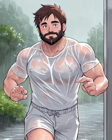 (rain:1.2), (beard fat old male:1), wet, water, outdoors, downpour, (run:1.2), <lora:rain_v6:0.5>, shower, beautiful eyes, muscular, shirt