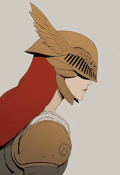 Flat 2D Art, malenia, 1girl, solo, long hair, simple background, dress, very long hair, closed mouth, red hair, cape, armor, from side, helmet, red cape, mechanical arms, covered eyes, single mechanical arm, prosthesis, prosthetic arm, winged helmet, simple flat color, 2-dimensional, Flat 2D Art Style, malenia, 1girl, solo, long hair, simple background, dress, very long hair, closed mouth, red hair, cape, armor, from side, helmet, red cape, mechanical arms, covered eyes, single mechanical arm, prosthesis, prosthetic arm, winged helmet, beautiful, cinematic, stunning, highly detailed, artistic, sharp focus, cool
