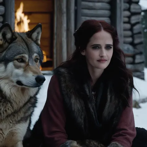 eva_green, <lora:EvaGreenXL:1>, woman sitting next to a grey wolf, outdoor,cabin, winter, spot color, long hair, looking at viewer, animal, solo, upper body, realistic,smiling, film still, shallow depth of field, vignette, moody, epic, realistic, ((perfect eyes, detailed eyes,realistic eyes)), ((sharp face, detailed face, realistic face, naturtal skin, realistic skin, detailed skin, pores))