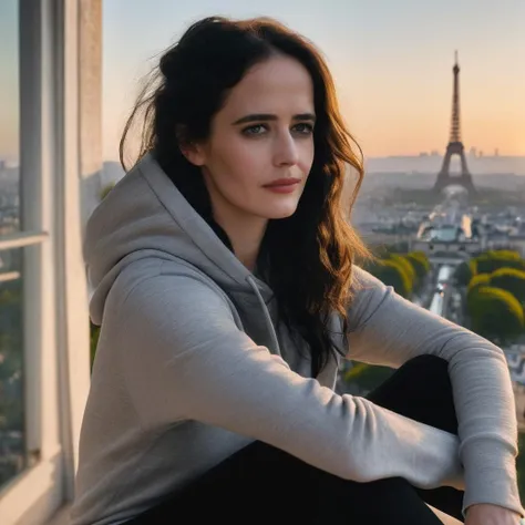 eva_green, <lora:EvaGreenXL:1>,portrait of a woman wearing a light hoodie, dark sport leggins, on a balcony near the eiffel tower by sunset, close up, looking at the viewer, (masterpiece, best quality, ultra-detailed, best shadow), high contrast, (best illumination), ((cinematic light)), colorful, hyper detail, dramatic light, intricate details, (1 girl, solo) , ultra detailed artistic photography, dreamy, backlit, shadows, ultra high definition, 8k, ultra sharp focus, ultra high quality model, soft lighting, film photography, analogue photography, hyperrealism,