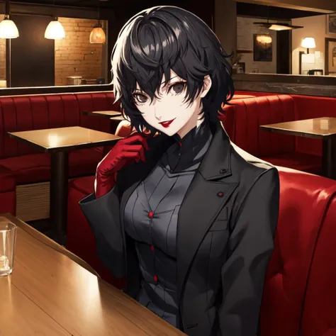 (masterpiece, best quality), 1girl, solo, female focus, dsjoker, (athletic female), sitting on chair, black hair, short hair, detailed eyes, black eyes, (looking at viewer), seductive, evil grin, red lipstick, makeup, high collar, black coat, dark grey shirt, long sleeves, pants, red gloves, long nails, black platform boots, inside, restaurant, night, intricate detail, detailed background <lyco:dsjoker-v2_lc_768:1> <lyco:p5-anime_style_lc:0.7>