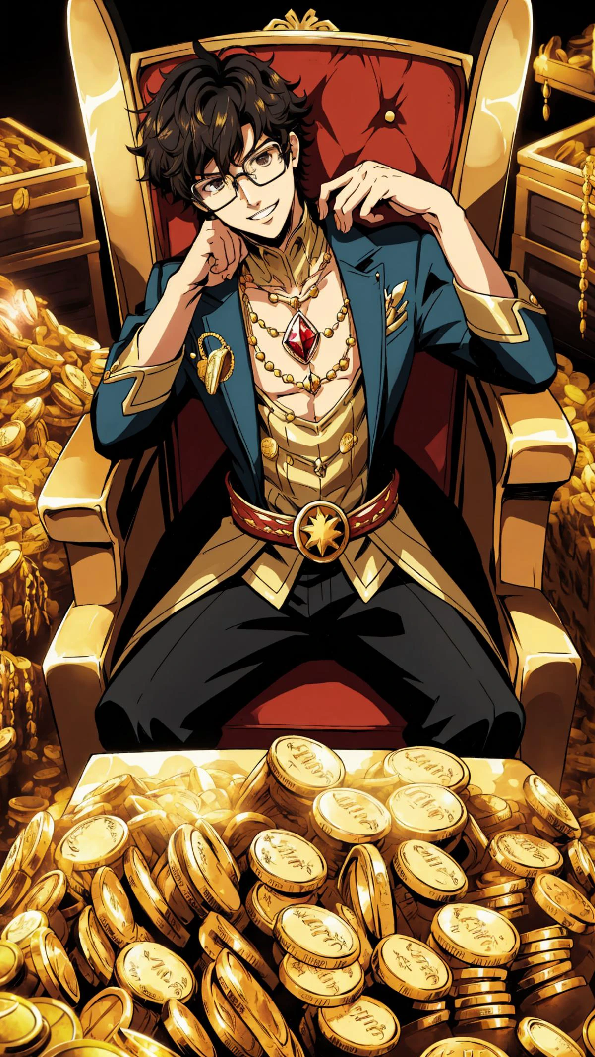 <lora:I_am_the_king:0.7> royalpresencecheek, throne, sitting, hand on own cheek, head tilt, disappointed, <lora:treasure v1:0.7> treasure-room, treasure, treasure chest, gemstone, coins, gold bars, gold pile, <lora:dsjoker-v2_lc_768:0.8> dsren, 1boy, black hair, messy hair, glasses, grin,