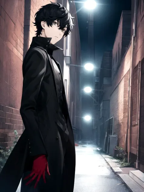 masterpiece, best quality, 1boy, solo, male focus, dsjoker, black hair, short hair, black eyes, high collar, black coat, dark grey shirt, long sleeves, pants, red gloves, dark alley, night, detailed background, cowboy shot
 <lyco:dsjoker-v2_lc_768:1> <lyco:p5-anime_style_lc:0.65>