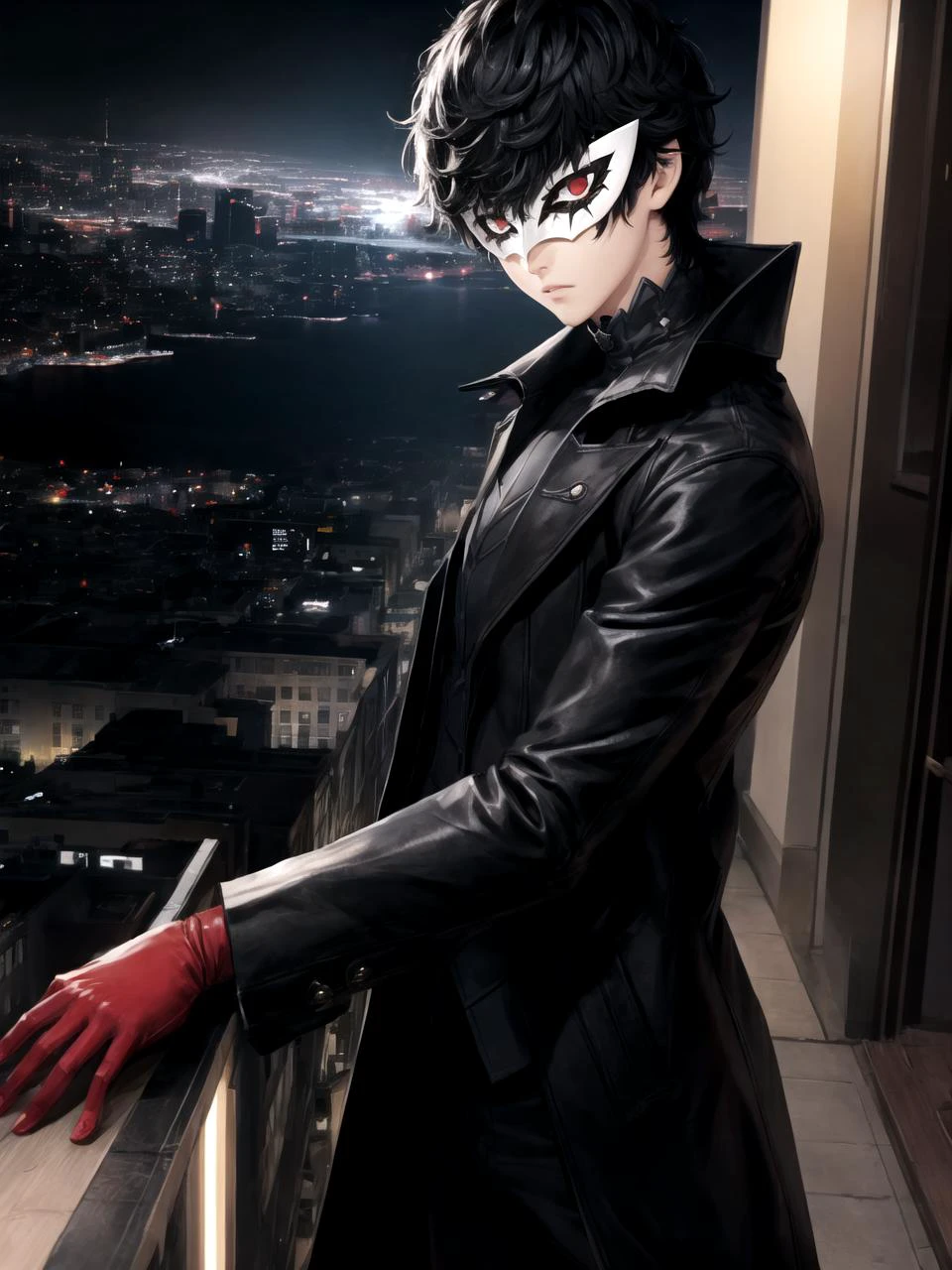 masterpiece, best quality, 1boy, solo, male focus, dsjoker, black hair, short hair, red eyes, mask, high collar, coat, long sleeves, black pants, red gloves, city, city lights, skyscraper, night, detailed background
 <lyco:dsjoker-v2_lc_768:1>