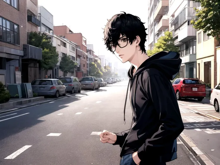 masterpiece, best quality, 1boy, solo, male focus, dsren, black hair, short hair, black eyes, glasses, hoodie, jeans, standing, outdoors, street, day, detailed background
 <lyco:dsjoker-v2_lc_768:1> <lyco:p5-anime_style_lc:0.65>