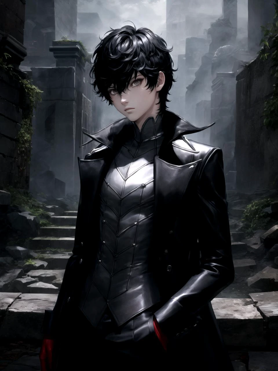 masterpiece, best quality, 1boy, solo, male focus, dsjoker, black hair, short hair, black eyes, high collar, black coat, grey shirt, long sleeves, pants, red gloves, ancient ruins, night, detailed background
<lyco:dsjoker-v2_lc_768:1>