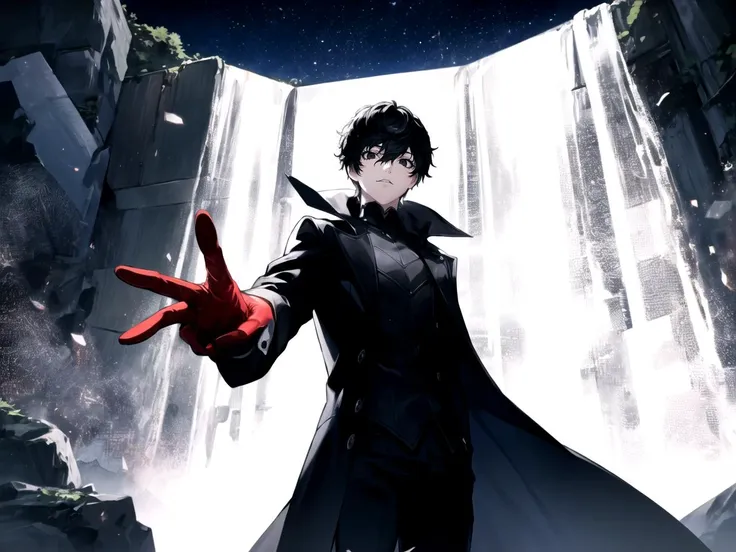 masterpiece, best quality, 1boy, solo, male focus, dsjoker, black hair, short hair, black eyes, high collar, black coat, dark grey shirt, long sleeves, pants, red gloves, waterfall, nighttime, moonlight, serene, peaceful, dimly lit, starlit, cascade, boulder-strewn, surreal, water mist, silhouette, detailed background
 <lyco:dsjoker-v2_lc_768:1>