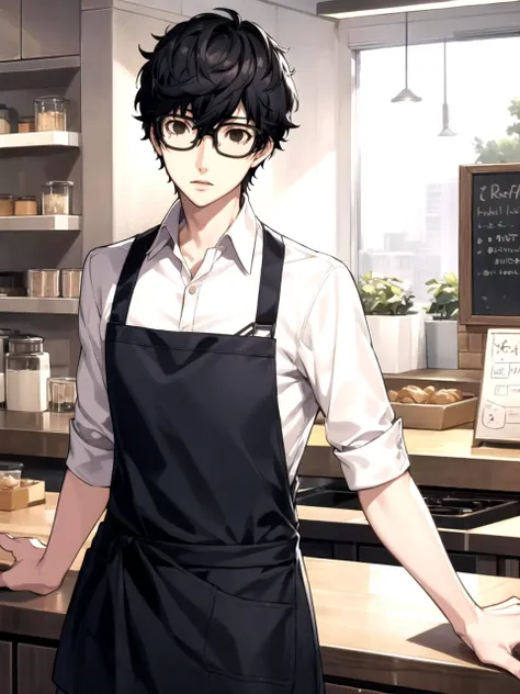 anime - style image of a man in a black apron standing in a kitchen