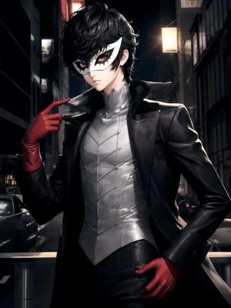 masterpiece, best quality, 1boy, solo, male focus, dsjoker, black hair, short hair, red eyes, mask, high collar, black coat, grey shirt, long sleeves, pants, red gloves, city, city lights, skyscraper, night, detailed background
 <lyco:dsjoker-v2_lc_768:1>