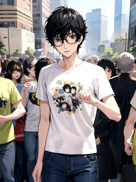 masterpiece, best quality, 1boy, solo, male focus, dsren, black hair, short hair, black eyes, glasses, t-shirt, print shirt, jeans, standing, anime convention, crowd, detailed background
 <lyco:dsjoker-v2_lc_768:1> <lyco:p5-anime_style_lc:0.65>