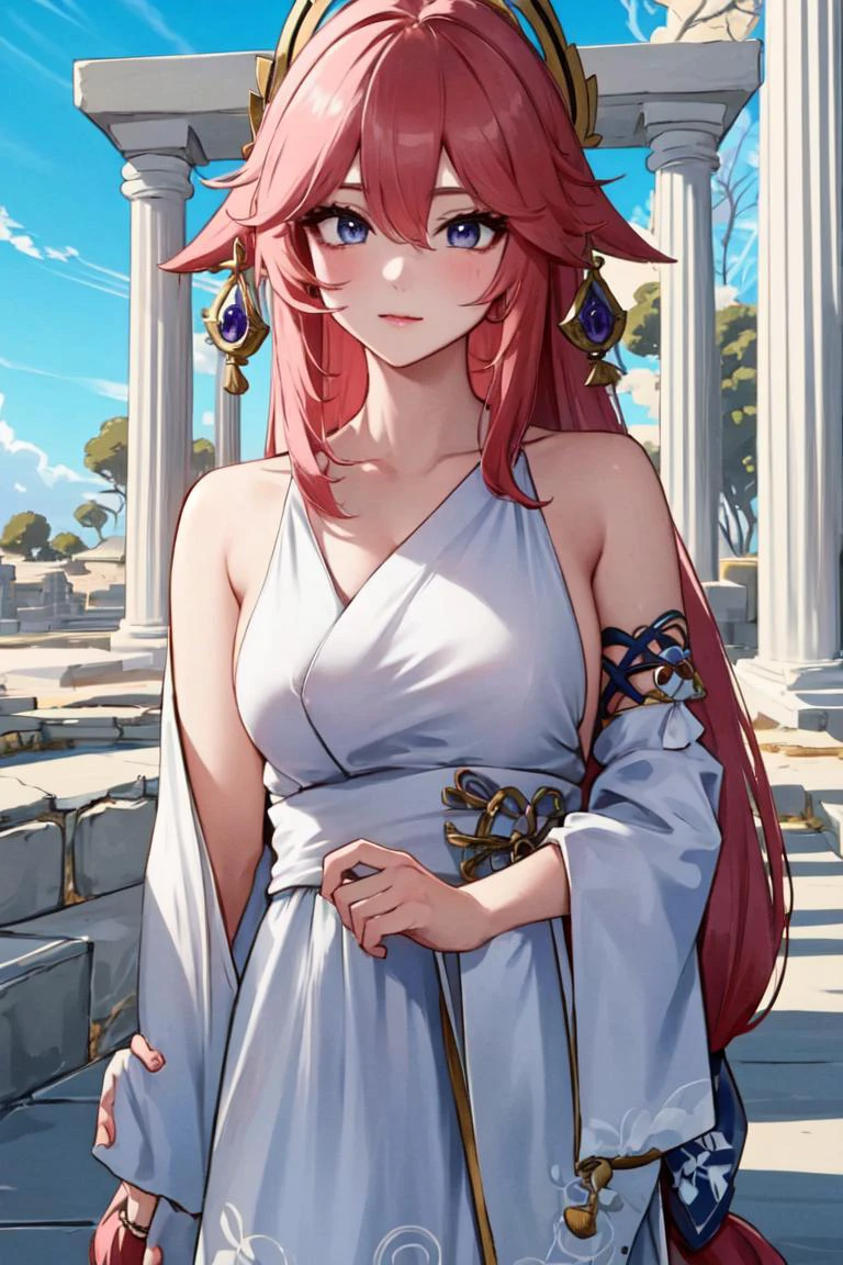 Highly detailed, High Quality, masterpiece, <lora:yaemiko1:0.6> yaemikodef, <lora:GreekClothes:1> greek clothes, peplos, greek temple