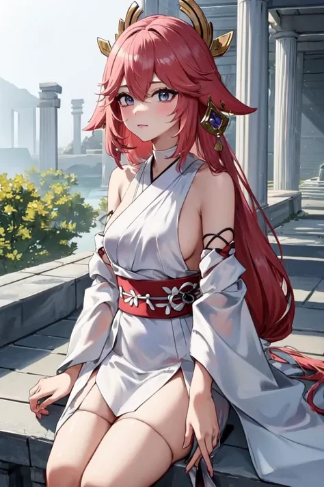 Highly detailed, High Quality, masterpiece, <lora:yaemiko1:0.6> yaemikodef, <lora:GreekClothes:1> greek clothes, peplos, greek temple