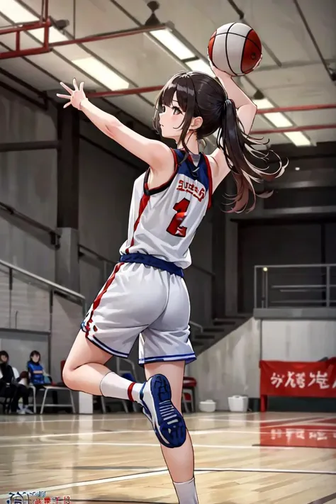 Highly detailed, High Quality, masterpiece, <lora:hutao1:0.6> hutaodef, <lora:basket_uniform:0.6> basketball, wearing basketball_uniform, inside basket field, back view, (jumping)