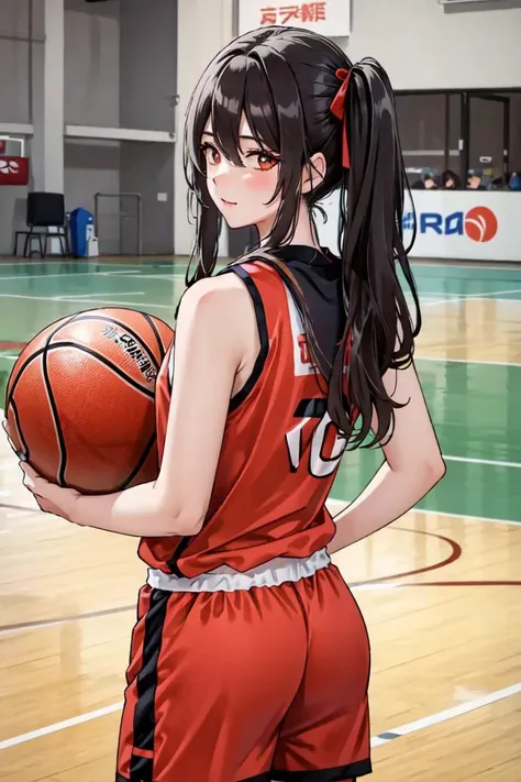 Highly detailed, High Quality, masterpiece, <lora:hutao1:0.6> hutaodef, <lora:basket_uniform:0.6> basketball, wearing basketball_uniform, inside basket field, back view