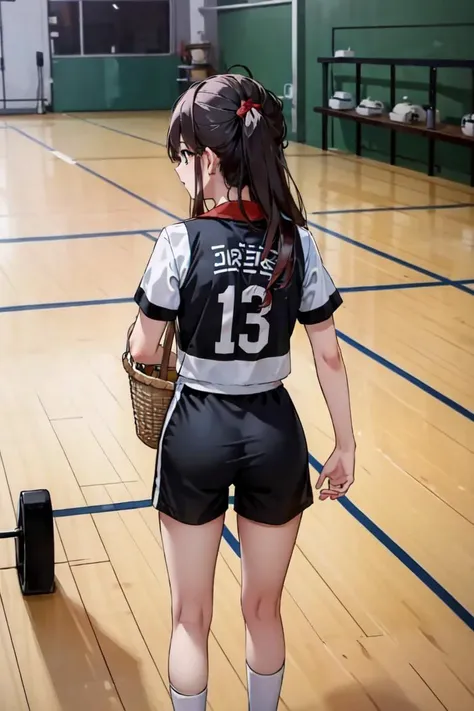 Highly detailed, High Quality, masterpiece, <lora:hutao1:0.6> hutaodef, <lora:basket_uniform:0.6> wearing basket_uniform, inside basket field, back view