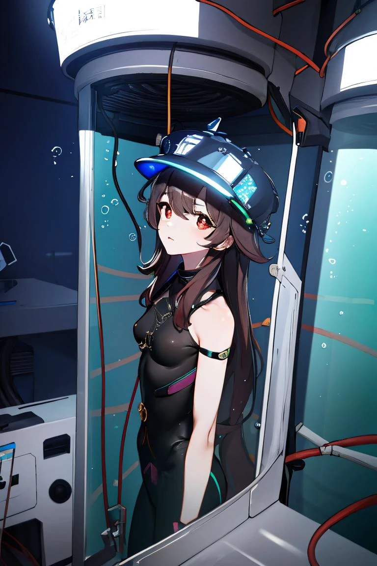 Highly detailed, High Quality, masterpiece, perfect ligthing, <lora:cultivation_tank_lora01:1> cultivation tank, underwater, wires and cables attaching to neck, wires and cables on head, bodysuit, submerged, convenient censoring, <lora:hutao1:0.8> hutaodef, ((small breasts))