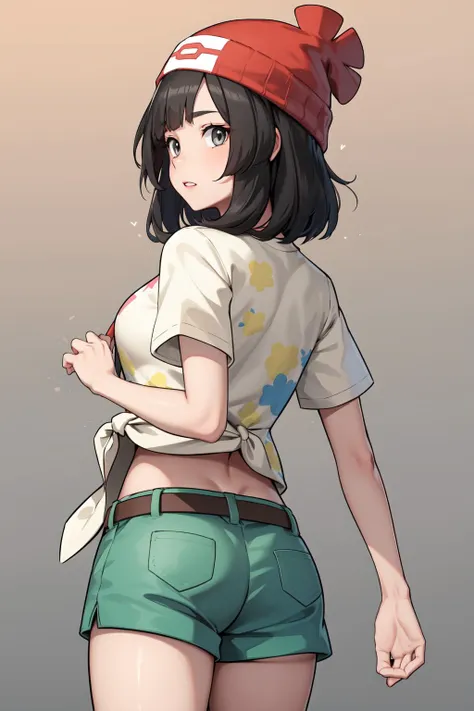 masterpiece, best quality, highres, selene1, 1girl, selene1, 1girl, selene \(pokemon\), solo, grey eyes, black hair, green shorts, red headwear, beanie, shirt, tied shirt, floral print, short hair, short sleeves, short shorts, navel, striped, yellow shirt, belt, <lora:selene_(pokemon)_v1:0.6>, thighs, breasts, ass, from behind