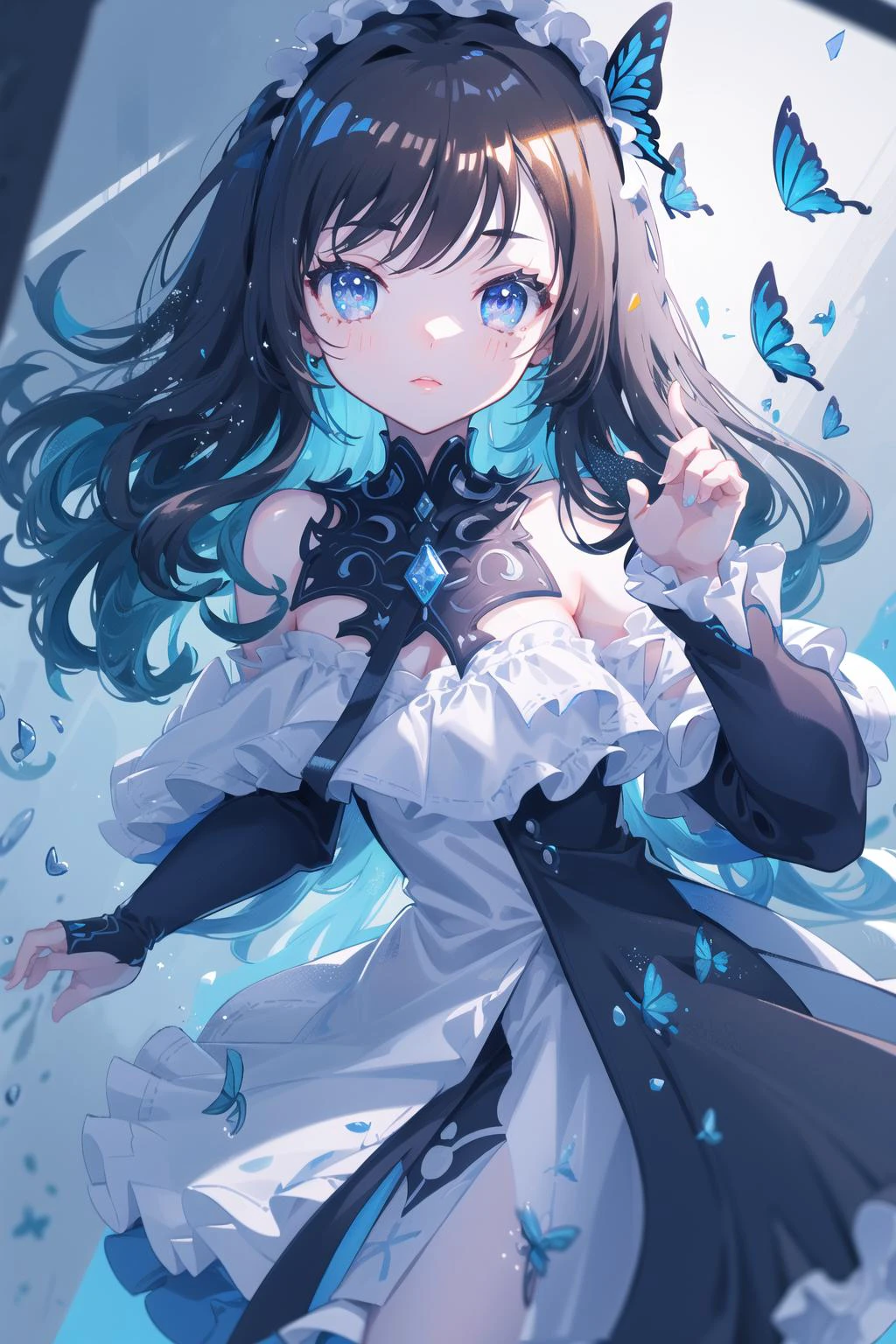 hatching (texture),close-up,portrait,1girl, gemstone butterfly wings dress, mecha, diamond, bare shoulders, butterfly, looking at viewer, in the sky, flying, bright colors, lighting, (ray tracing:1.4), depth of field, masterpiece, best quality, <lora:cute style-2.0:1>