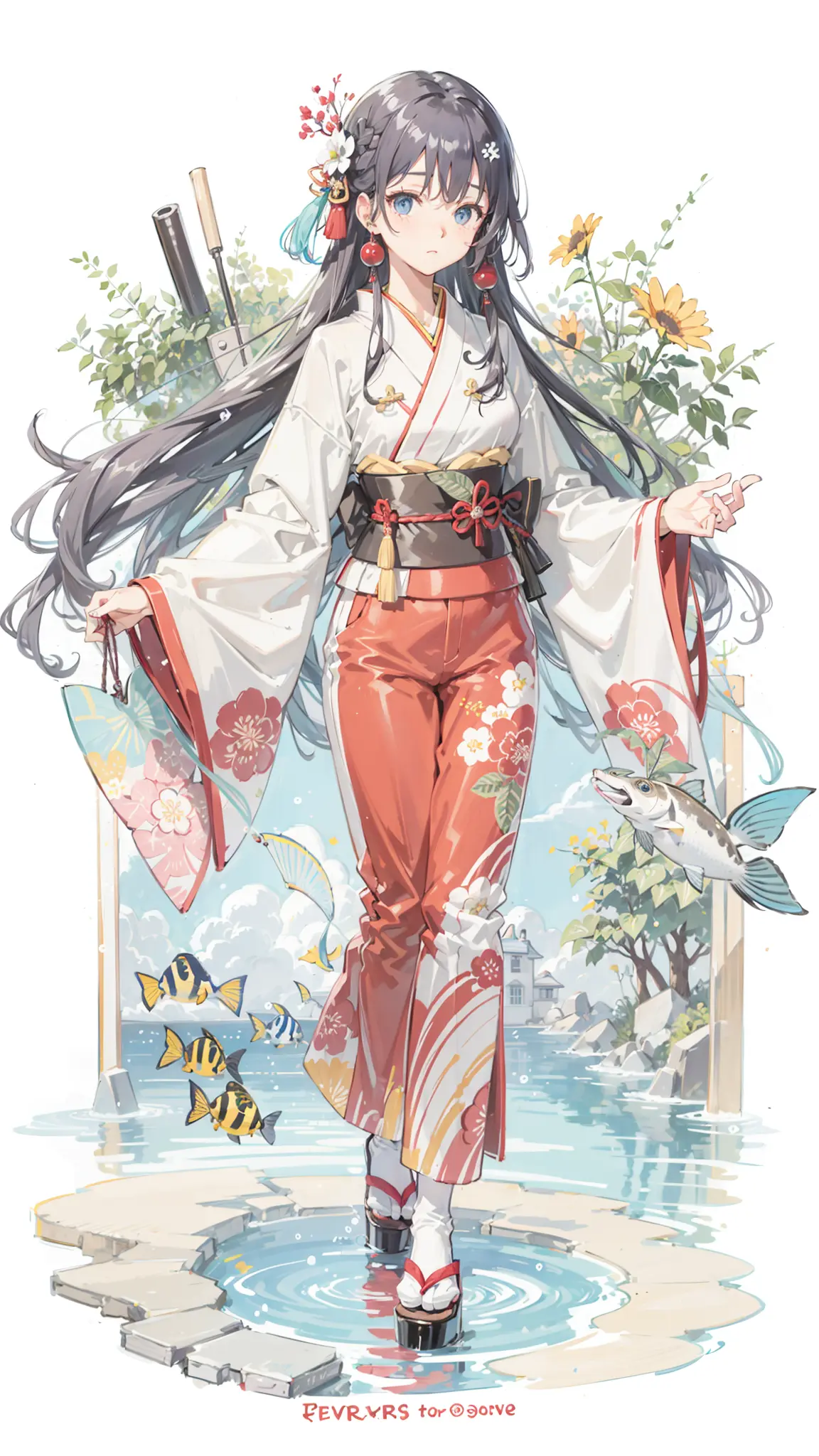 1girl, long hair, black hair, fish, blue eyes, kimono, japanese clothes, solo, red kimono, very long hair, looking at viewer, wide sleeves, bubble, long sleeves, parted bangs, standing, holding, bangs, animal, air bubble, water
<lora:yfs-000008:0.6>