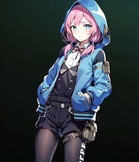masterpiece, best quality, solo, 1girl,
OriginalOutfit1, 1girl, solo, hood, shorts, blue jacket, shirt, jacket, white background, pantyhose, white shirt, looking at viewer, simple background, hands in pockets, hooded jacket, black shorts, open clothes, blush, hood up, black pantyhose, cowboy shot, open jacket, bangs, pouch, long sleeves, collared shirt, buttons, short shorts, neck ribbon, legwear under shorts, ribbon, medium hair, standing, closed mouth, thigh strap, belt
<lora:ArknightsBluepoison3in1:0.8>