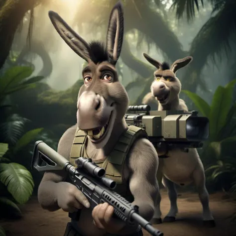 cinematic photo a muscular donkey with a machinegun in the jungle, predator in the background, predator movie still <lora:Donkey1024:0.8> . 35mm photograph, film, bokeh, professional, 4k, highly detailed