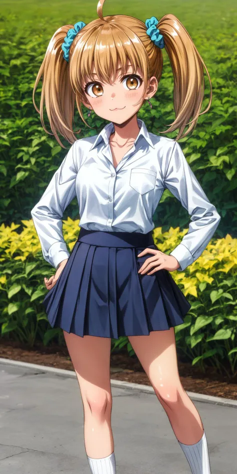 (masterpiece), best quality, (((ultra detailed, 8k quality))), expressive eyes, perfect face, perfect anatomy, perfect body, scene, <lora:scene_:0.7>, <lora:more_details:0.7>, <lora:beautiful_detailed_eyes:0.5>, <lora:GoodHands-beta2:1>, <lora:give_it_a_name:0.7>,
looking at viewer,facing viewer,smile,ahoge,brown hair,twintails,hair scrunchie,aqua scrunchie,stud earrings,bangs,brown eyes,:3,collarbone,collared shirt,white shirt,long sleeves,medium breasts,blue skirt,miniskirt,blue skirt,pleated skirt,white socks,uwabaki, <lora:Yoshi(dtwm,mn):0.7>, garden, flower field, hand on hips
