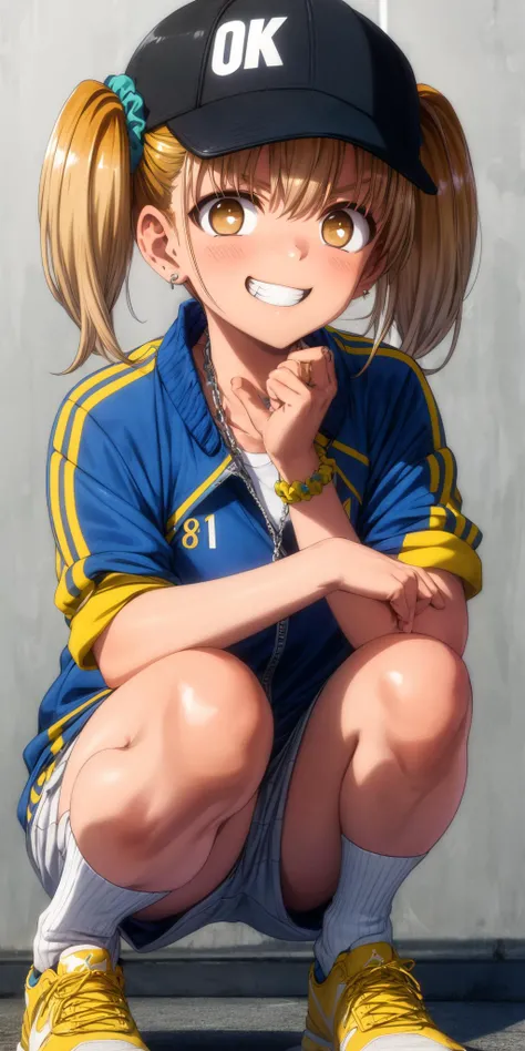 (masterpiece), best quality, (((ultra detailed, 8k quality))), expressive eyes, perfect face, perfect anatomy, perfect body, scene, <lora:scene_:0.7>, <lora:more_details:0.7>, <lora:beautiful_detailed_eyes:0.5>, <lora:GoodHands-beta2:1>, <lora:give_it_a_name:0.7>,
looking at viewer,facing viewer,smile,ahoge,brown hair,twintails,hair scrunchie,aqua scrunchie,stud earrings,bangs,brown eyes, street, slav squatting,cinematic angle, air_jordan_1,track suit,grin,gold chain,jewelry,yellow footwear,grin,baseball cap, <lora:Yoshi(dtwm,mn):0.9>,