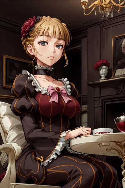 (masterpiece),(best quality),<lora:Beatrice:0.8>,beatrice,  dress, pink bow, hair flower, choker, desk room, bookshell, windows, night,  sitting, desk,   <lora:Adddetail:0.7>
