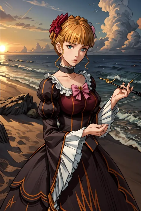 (masterpiece),(best quality),<lora:Beatrice:0.8>,beatrice, dress, pink bow, hair flower, choker, jewelry, smoking pipe, kiseru, beach, sand, sea, waves cliff, beautiful sunlight, sun, <lora:Adddetail:0.7>